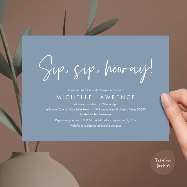 Modern Casual, fun and playful Bridal Shower Party Invitation (Sip, Sip Hooray, Modern Casual, fun and playful Bridal Shower Party Invitation Card, PDF Dusty Blue)