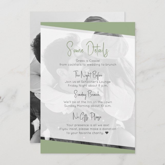 Modern Casual Sage Green Wedding Details Enclosure Card (Front/Back)