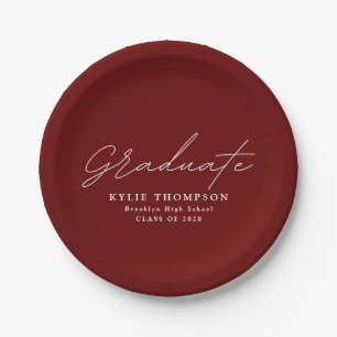 Modern Casual Script Graduation Party Maroon Paper Plate