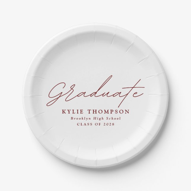 Modern Casual Script Graduation Party | Maroon Paper Plate (Front)