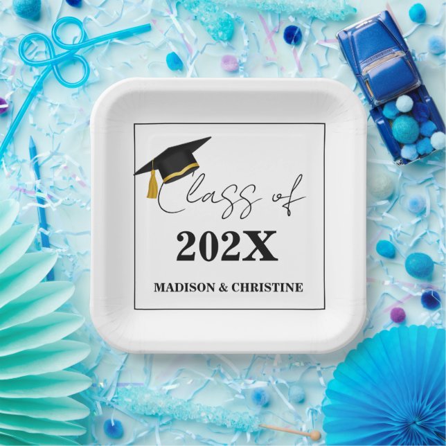 Modern Casual Script Twin Graduation Party  Paper Plate (Party)