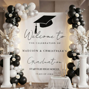 Modern Casual Script Twin Graduation Party Welcome Tapestry