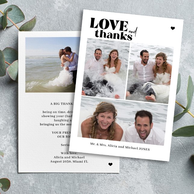 Modern casual typography 4 photo collage wedding thank you card (Creator Uploaded)