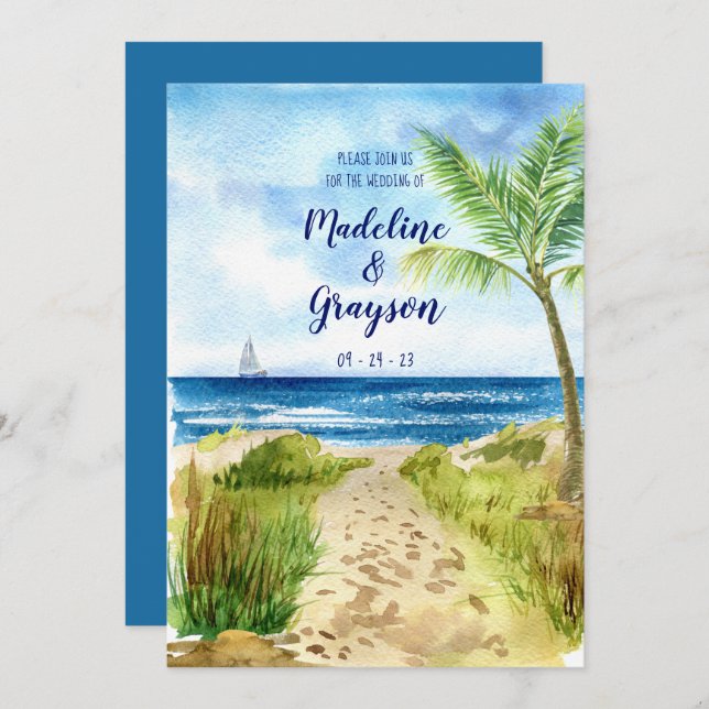 Modern Casual Watercolor Beach QR Code Wedding Invitation (Front/Back)