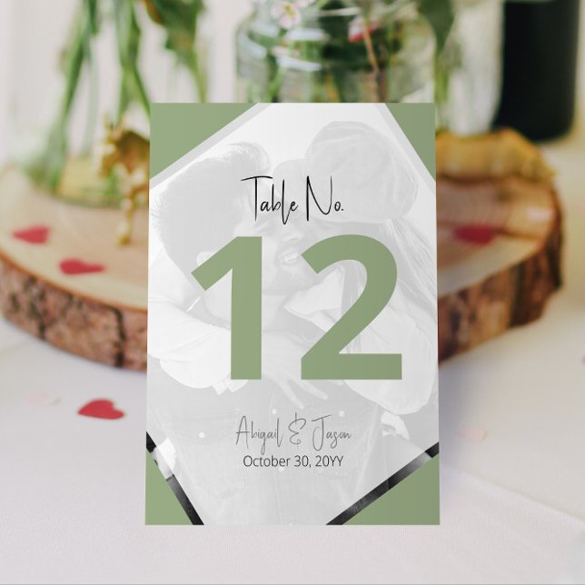 Modern Casual Wedding Photo Sage Green Table Number (Modern Casual Wedding Sage Green Table Numbers with Your Engagement Photo)