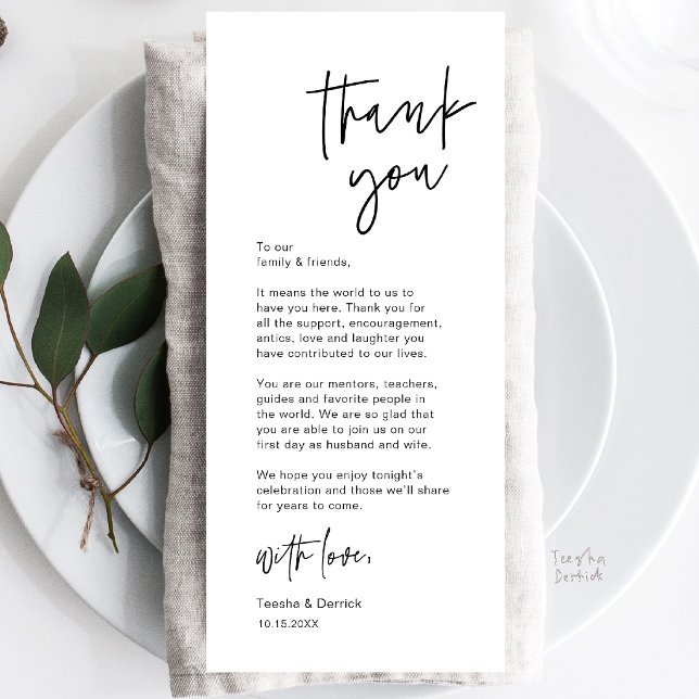 Modern Casual Wedding Place Setting Thank You Card (Modern Casual Wedding Place Setting Dinner Thank You Card in black and white)