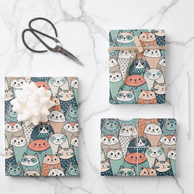 Modern Cat Characters Pattern Wrapping Paper Sheet (Front)