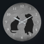 Modern cat dog  silhouettes pets chalkboard large clock<br><div class="desc">Modern cat and dog silhouettes,  pets,  sitting on chalkboard background clock. White numbers.</div>