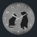 Modern cat dog  silhouettes pets chalkboard large clock<br><div class="desc">Modern cat and dog silhouettes,  pets,  sitting on chalkboard background clock. White numbers.</div>