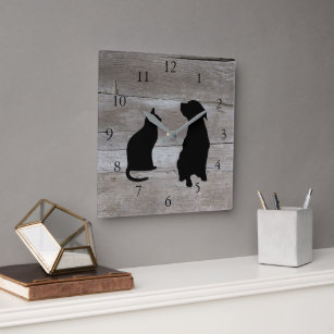 Modern cat dog  silhouettes pets wood background square wall clock