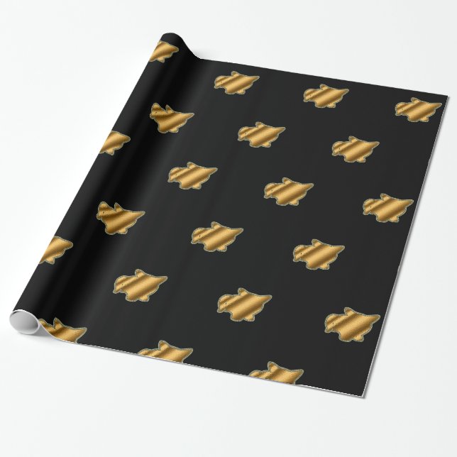 Modern Cat Gold Black Wrapping Paper (Unrolled)
