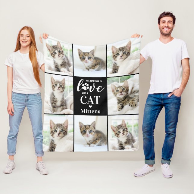 Modern Cat Lover Pet Personalised 8 Photo Collage Fleece Blanket (In Situ)