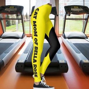 Modern Cat Mom Pet Name Yellow Black Custom Made Leggings