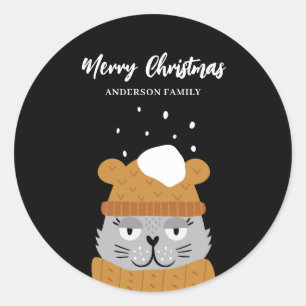 Modern Cat Personalised Christmas Classic Round Sticker