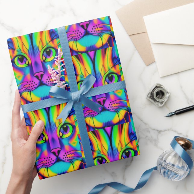 Modern cat psychedelic pattern unique colorful wrapping paper (Gifting)