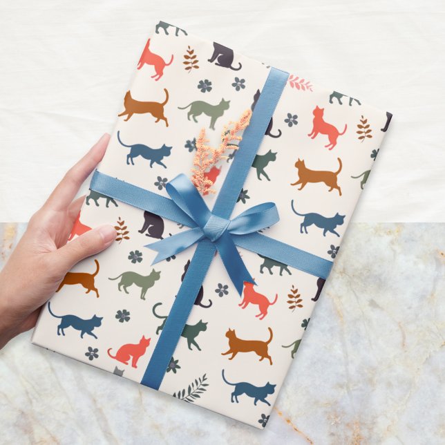 Modern Cat Silhouette Patterned Cream Wrapping Paper (Stylish gift wrapping paper with a pattern of cat silhouettes in various colors)