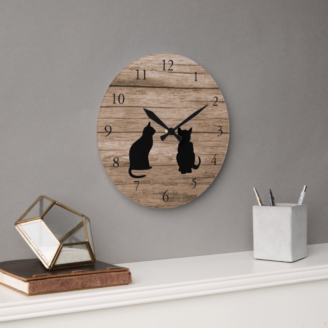 Modern cat silhouettes on rustic dark wood large clock (Office)