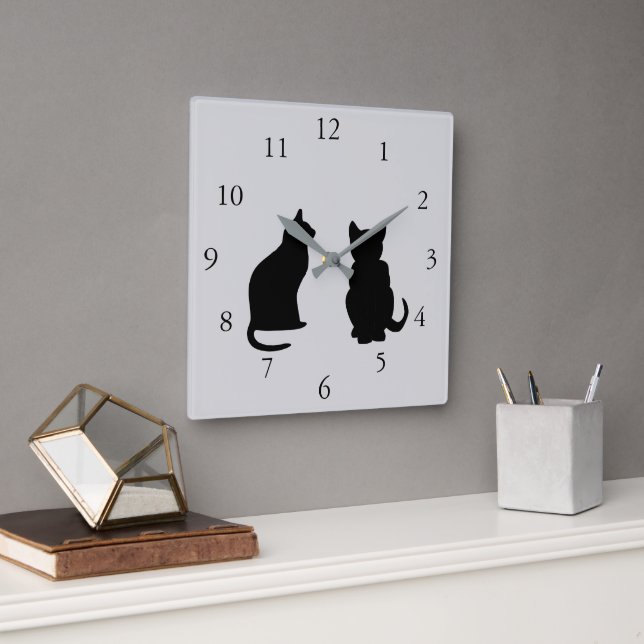 Modern cat silhouettes, pets on  grey background square wall clock (Office)