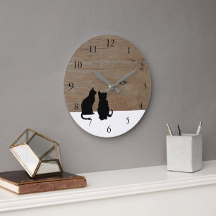 Modern cat silhouettes, pets on wood white large clock
