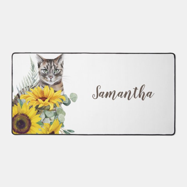 Modern Cat Sunflower Floral Name  Desk Mat (Front)