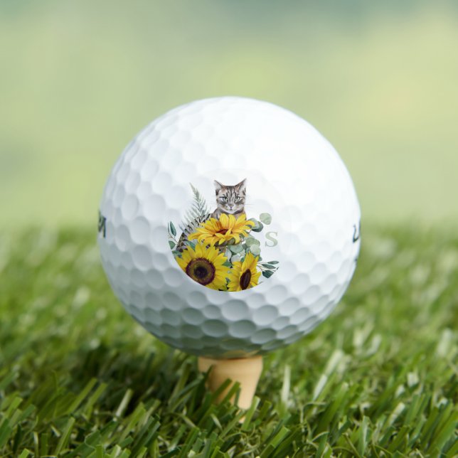 Modern Cat Sunflower Monogram  Golf Balls (Insitu Tee)