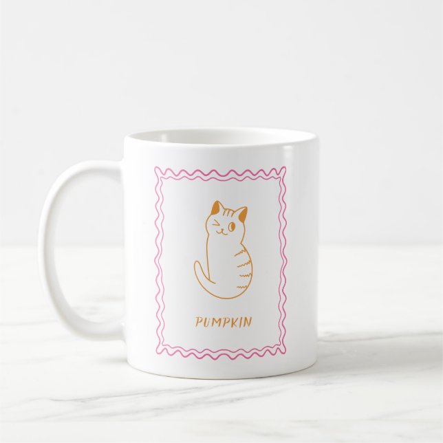 Modern Cat Whimsical Orange and Pink Coffee Mug (Left)
