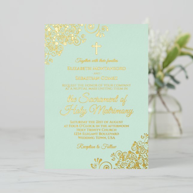 Modern Catholic Wedding Elegant Mint Green & Gold (Standing Front)