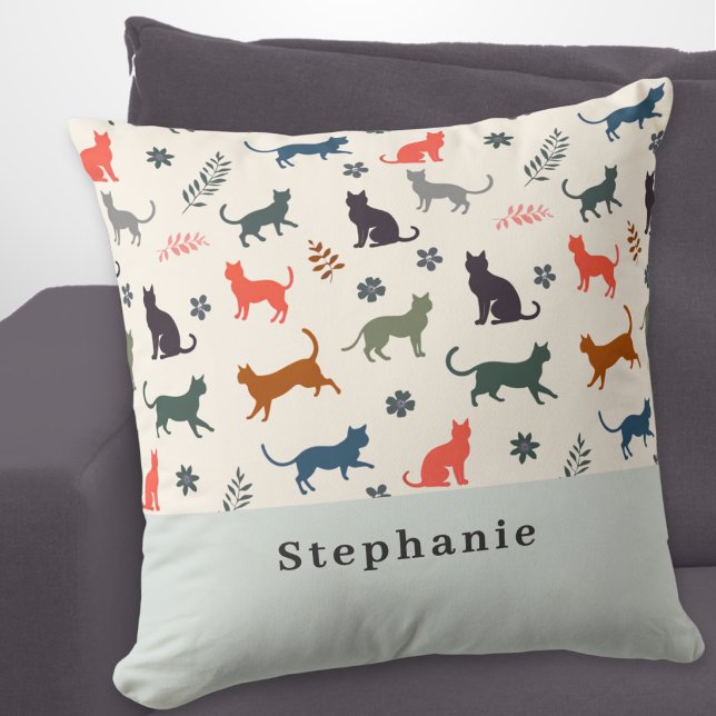 Modern Cats Pattern Elegant Cream Personalised Cushion (A stylish, modern pillow with pattern of cat silhouettes in various colors, personalized with a name)