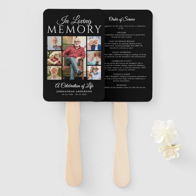 Modern Celebration of Life 7-Photo Funeral Program Hand Fan (Front and Back)