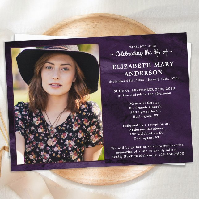 Modern Celebration Of Life Funeral Purple Marble  Invitation (Creator Uploaded)