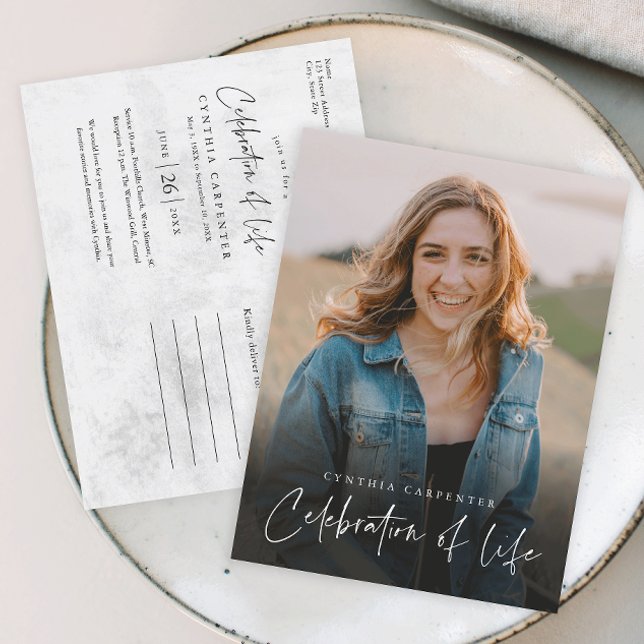 Modern Celebration of Life Memorial Funeral Postcard (Modern handwritten script celebration of life photo memorial postcard.)