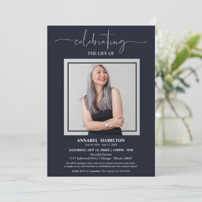 Modern Celebration of Life Memorial Photo Invite (Standing Front)