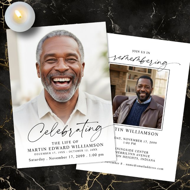Modern Celebration of Life Photo White Memorial Invitation (Creator Uploaded)