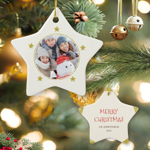 Modern Celestial Gold Stars Christmas Photo Ceramic Tree Decoration
