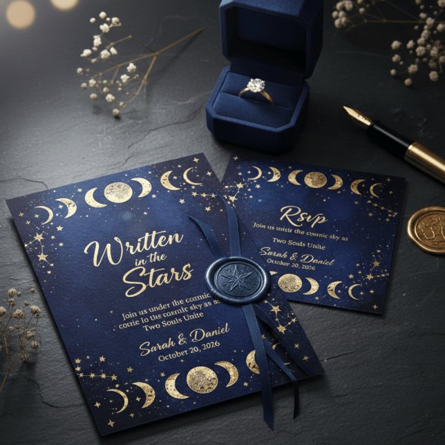Modern Celestial Navy and Gold Moon Stars Wedding  Invitation (Creator Uploaded)