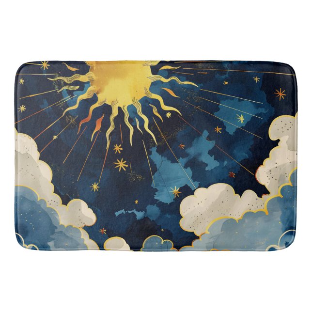 Modern Celestial Sun Stars and Blue Clouds Bath Mat (Front)