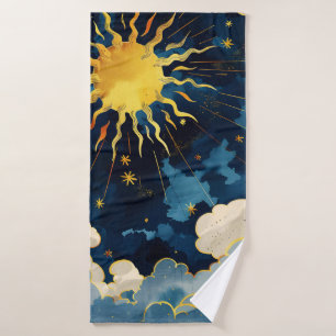Modern Celestial Sun Stars and Blue Clouds Bath Towel