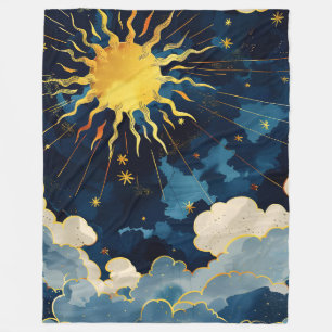 Modern Celestial Sun Stars and Blue Clouds Fleece Blanket