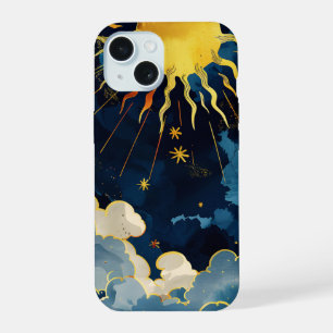Modern Celestial Sun Stars and Blue Clouds iPhone 15 Case
