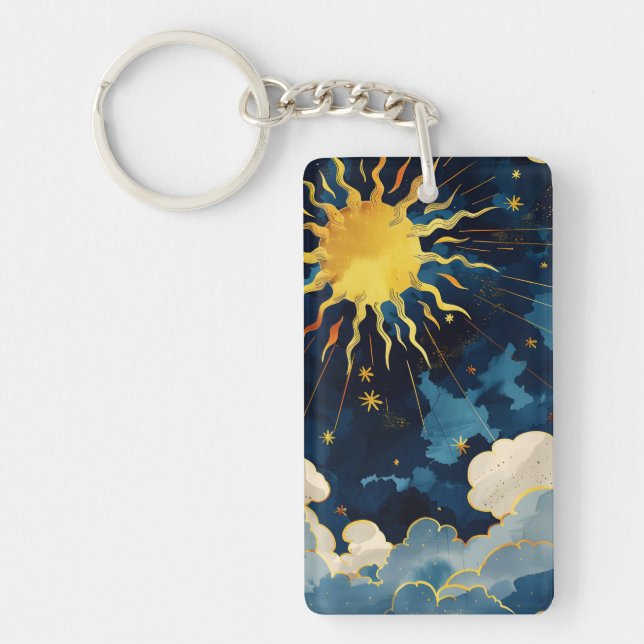 Modern Celestial Sun Stars and Blue Clouds Key Ring (Front)