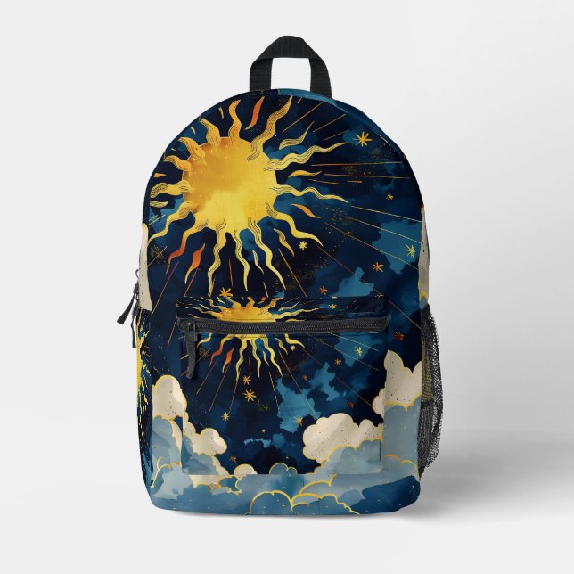 Modern Celestial Sun Stars and Blue Clouds Printed Backpack (Front)