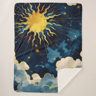 Modern Celestial Sun Stars and Blue Clouds Sherpa Blanket