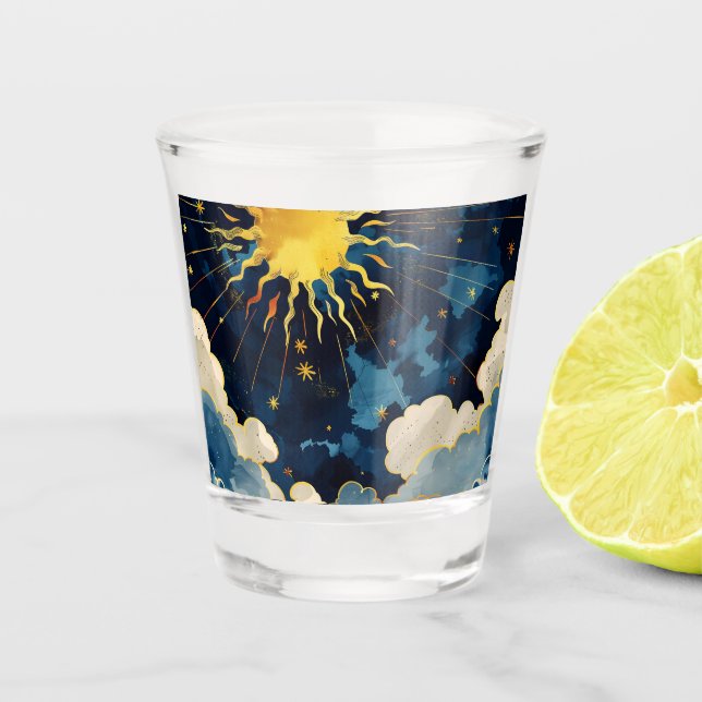 Modern Celestial Sun Stars and Blue Clouds Shot Glass (Front)