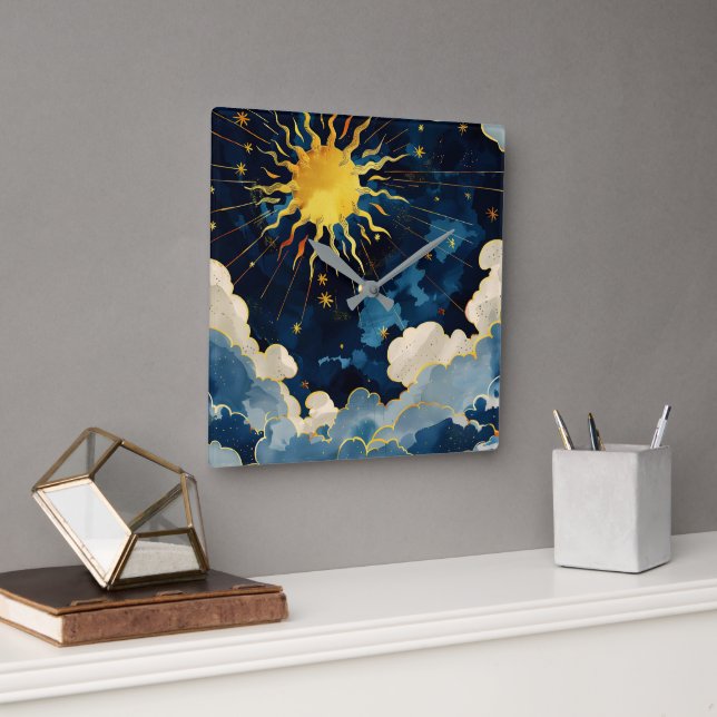 Modern Celestial Sun Stars and Blue Clouds Square Wall Clock (Office)