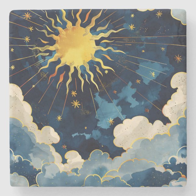 Modern Celestial Sun Stars and Blue Clouds Stone Coaster (Front)