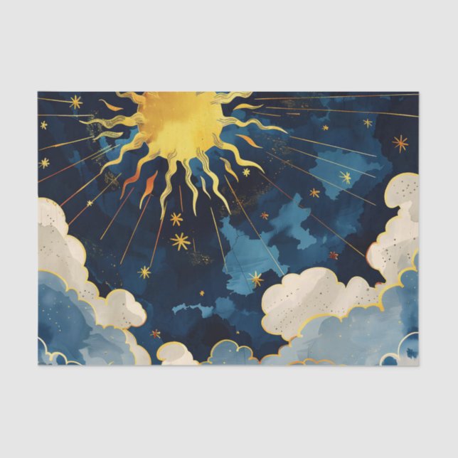 Modern Celestial Sun Stars and Blue Clouds Tissue Paper (Front)