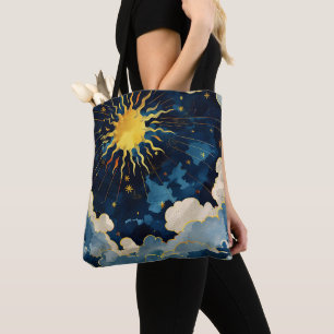 Modern Celestial Sun Stars and Blue Clouds Tote Bag