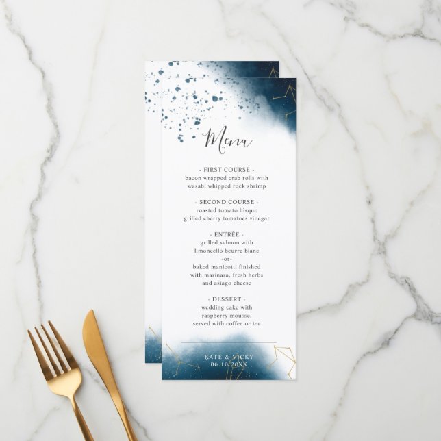 Modern Celestial Watercolor Wedding Dinner Menu (Front/Back In Situ)