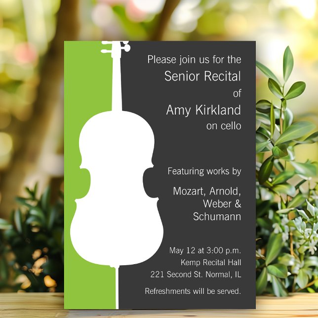 Modern Cello Recital Invitation - Green and Grey (Cello themed recital invitation template.)