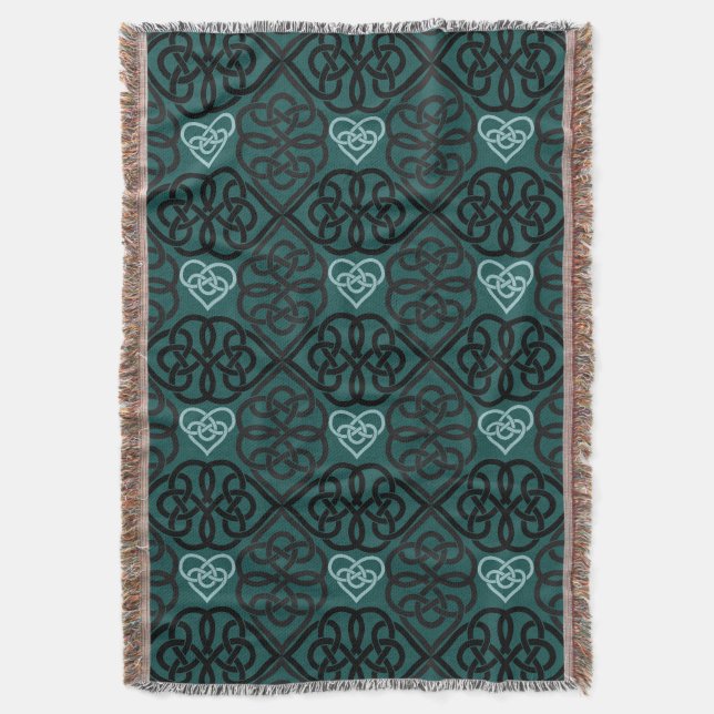 Modern Celtic Knot And Heart Dark Teal Pattern Throw Blanket (Front Vertical)